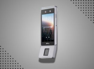A ZKTeco door access control with a camera and screen for facial recognition access control.